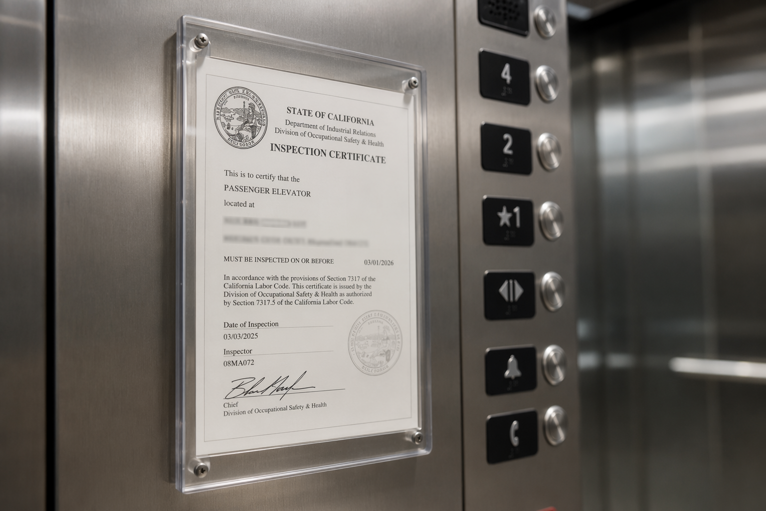ADOSH elevator inspection certificate posted inside Phoenix AZ elevator cab beside ADA-compliant control panel, required under Arizona elevator compliance regulations