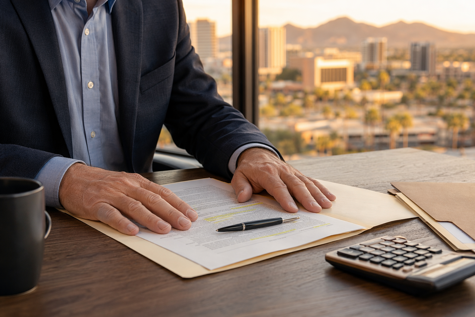 Building owner reviewing elevator maintenance contract terms at desk with Phoenix AZ cityscape in background, examining notice periods and cancellation clauses before switching providers