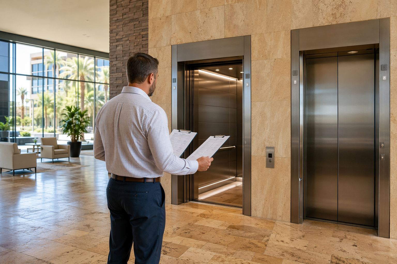 Facility manager comparing independent elevator service vs OEM contracts in a Phoenix AZ commercial building lobby with two elevator bays side by side