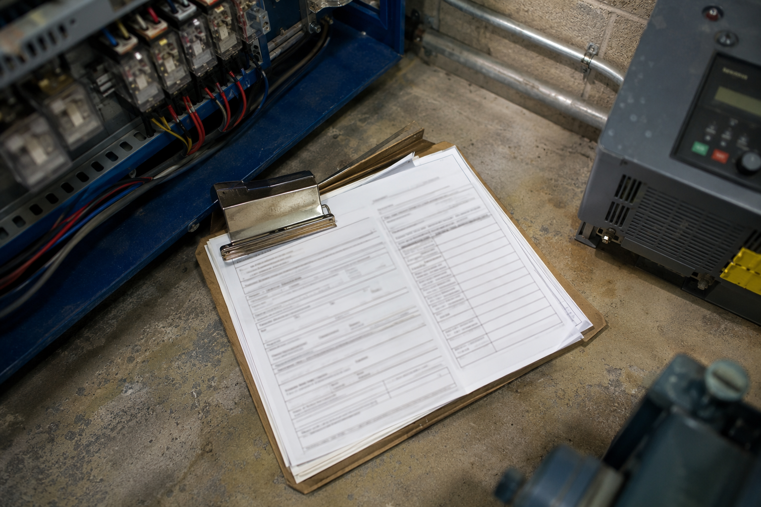 ASME A17.1 compliance inspection checklist on a clipboard inside an Arizona elevator machine room, illustrating equal regulatory requirements for independent and OEM providers