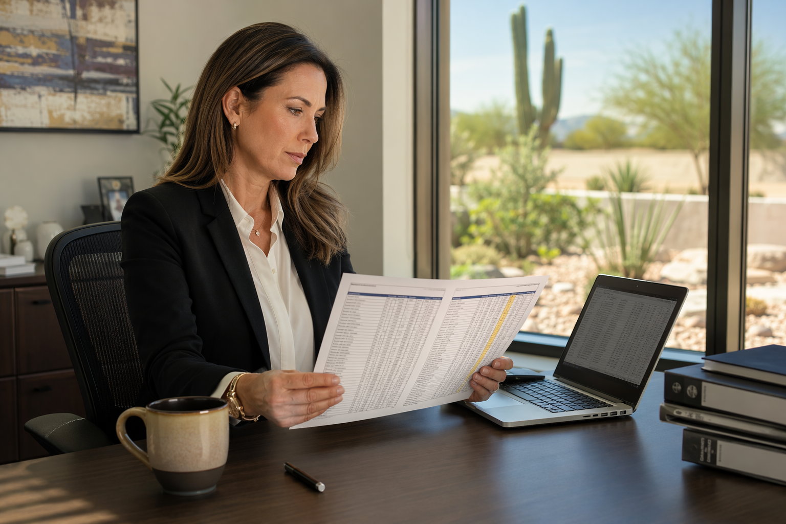 Building manager in Scottsdale AZ reviewing cost comparison data between independent elevator service and OEM maintenance contracts at her office desk