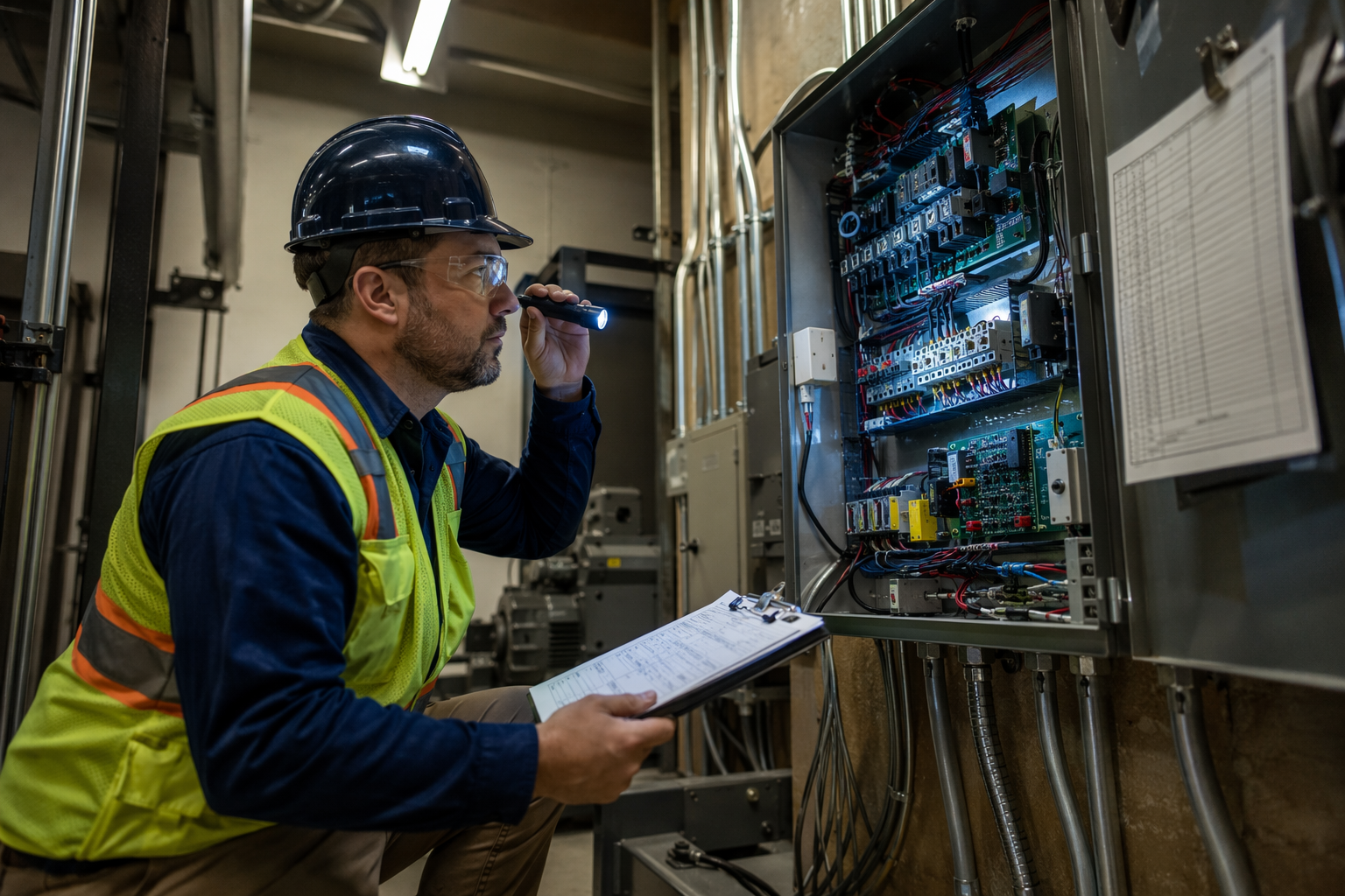 Licensed elevator inspector examining traction elevator controller in machine room during a periodic inspection, reflecting ASME A17.1 category test intervals and state inspection frequency standards.