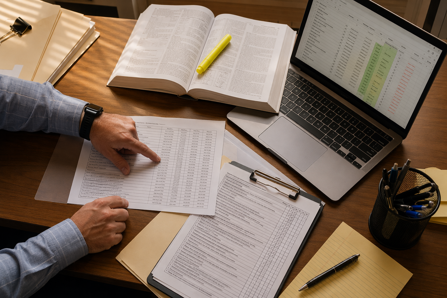 Building manager reviewing elevator inspection frequency records and compliance schedules at a Scottsdale AZ office desk, tracking state-mandated inspection intervals and category test due dates.
