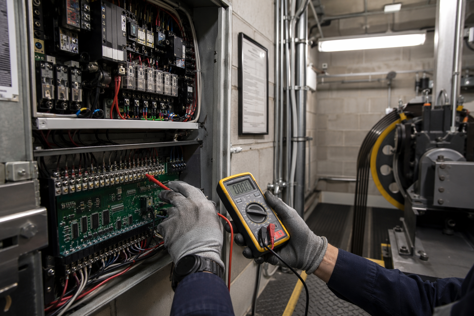 Elevator technician using a multimeter to inspect traction elevator controller panel during annual ASME A17.1 safety inspection in Phoenix AZ