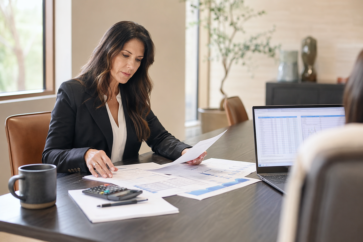 Property manager reviewing elevator maintenance contract pricing and cost breakdown at a desk in a Scottsdale AZ property management office