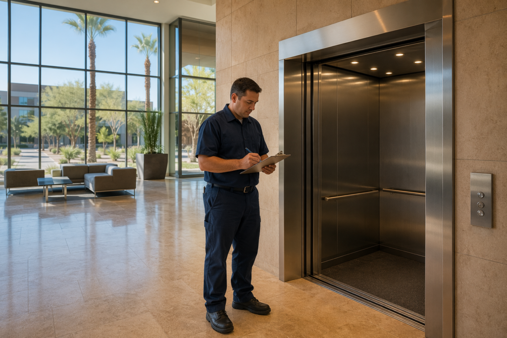 Certified elevator maintenance technician reviewing inspection documentation beside a stainless-steel elevator cab in a Scottsdale, AZ commercial office building lobby.