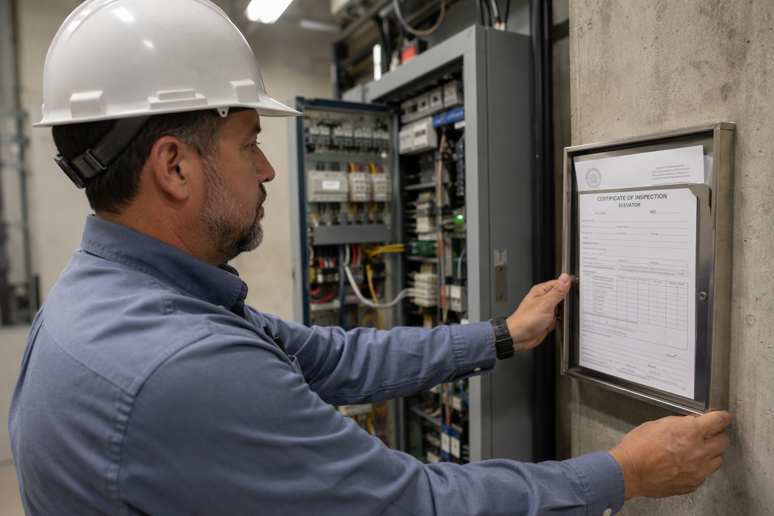 Elevator safety inspector reviewing a Certificate of Inspection posted in an Arizona commercial building elevator machine room during a required annual inspection.