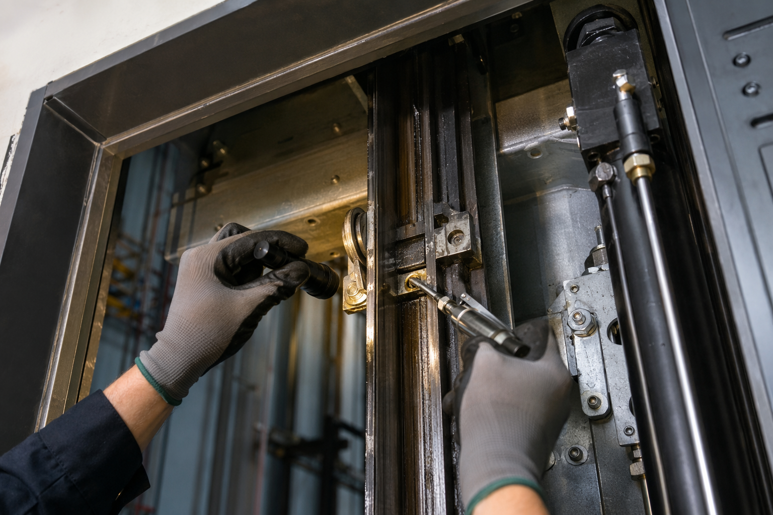 Elevator maintenance technician lubricating guide rails and inspecting roller guide assemblies during a preventive maintenance agreement service visit in Scottsdale, AZ.