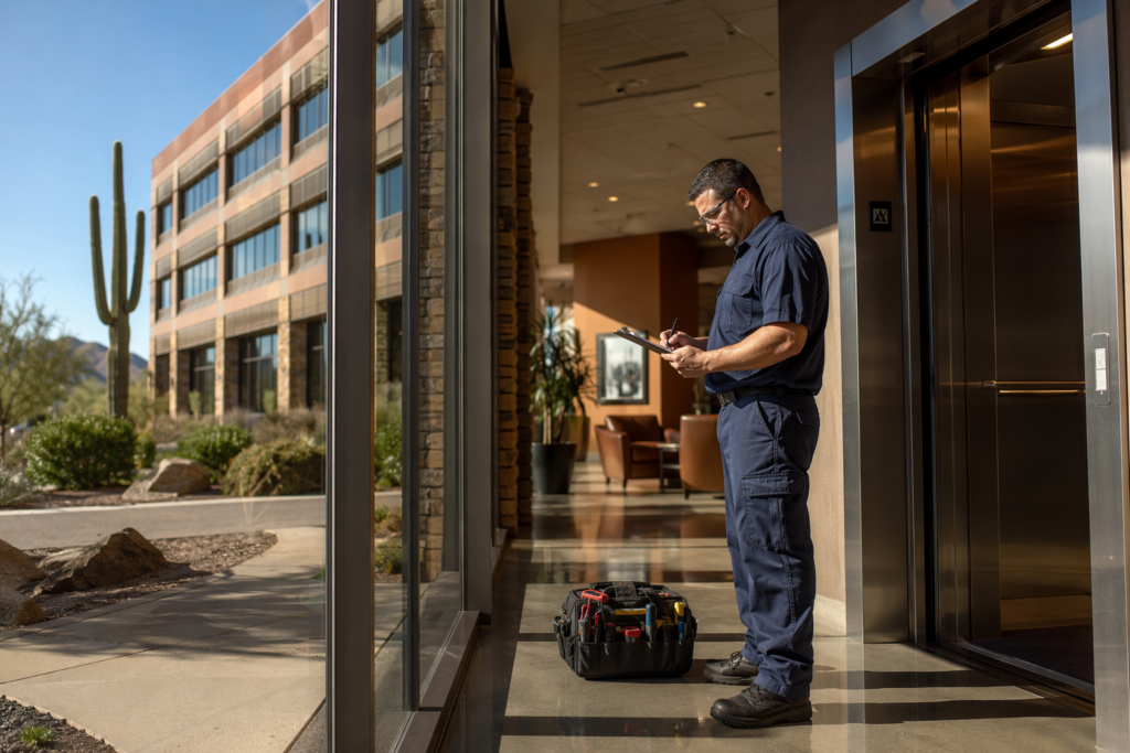 Top rated elevator maintenance company technician in Tucson AZ commercial building lobby reviewing inspection checklist beside open stainless elevator doors