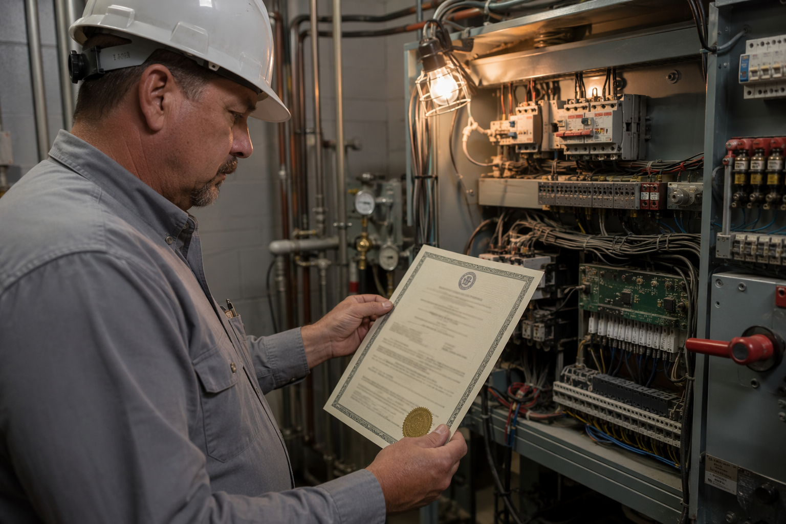 Licensed QEI elevator inspector reviewing Arizona state inspection certificate against controller panel inside Tucson building machine room