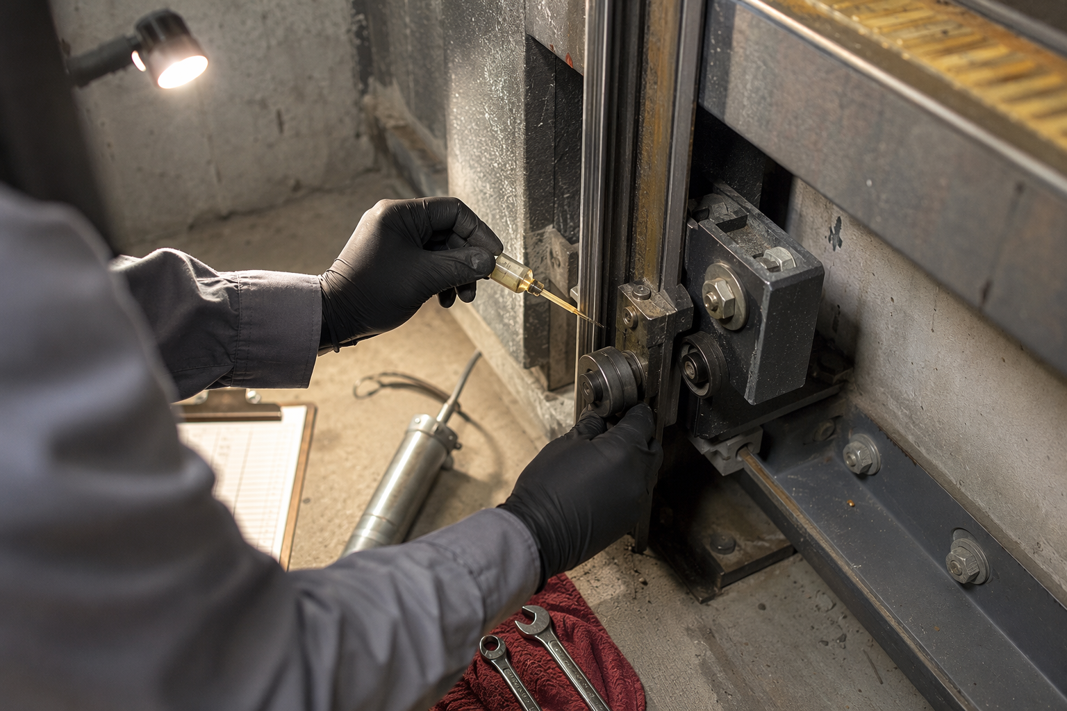 Elevator technician lubricating guide rail components during a scheduled preventive maintenance inspection inside a commercial hoistway pit in Scottsdale AZ