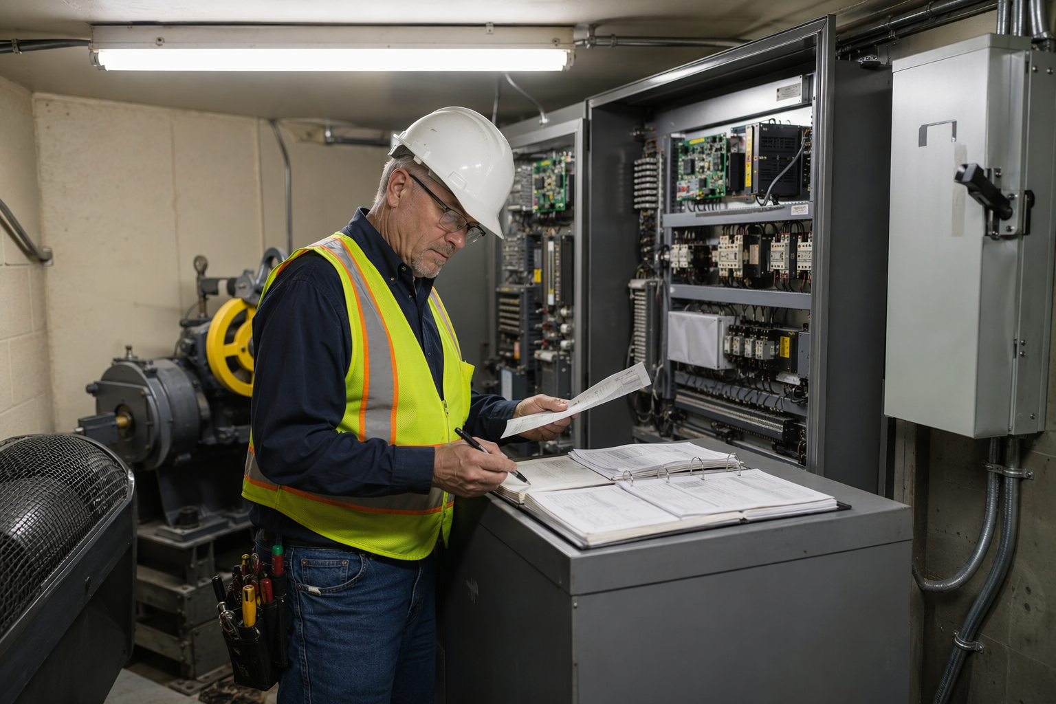 Elevator inspector reviewing state compliance documentation and service logs beside a traction elevator controller in a Mesa AZ apartment building machine room