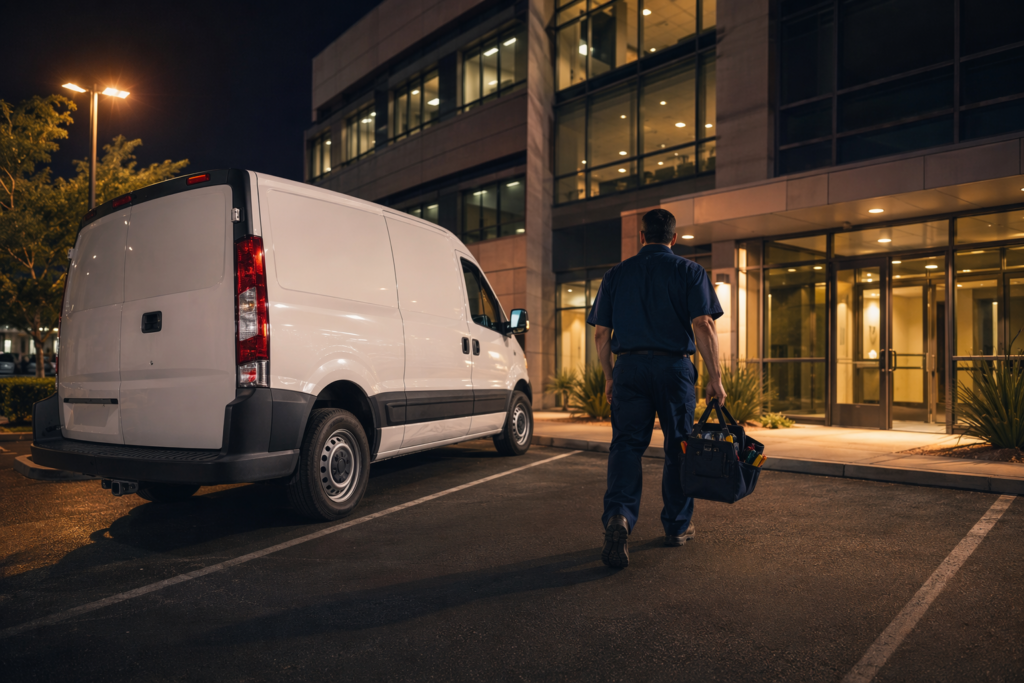 Licensed elevator repair technician arriving at a Phoenix AZ commercial building for 24-hour emergency elevator service call at night