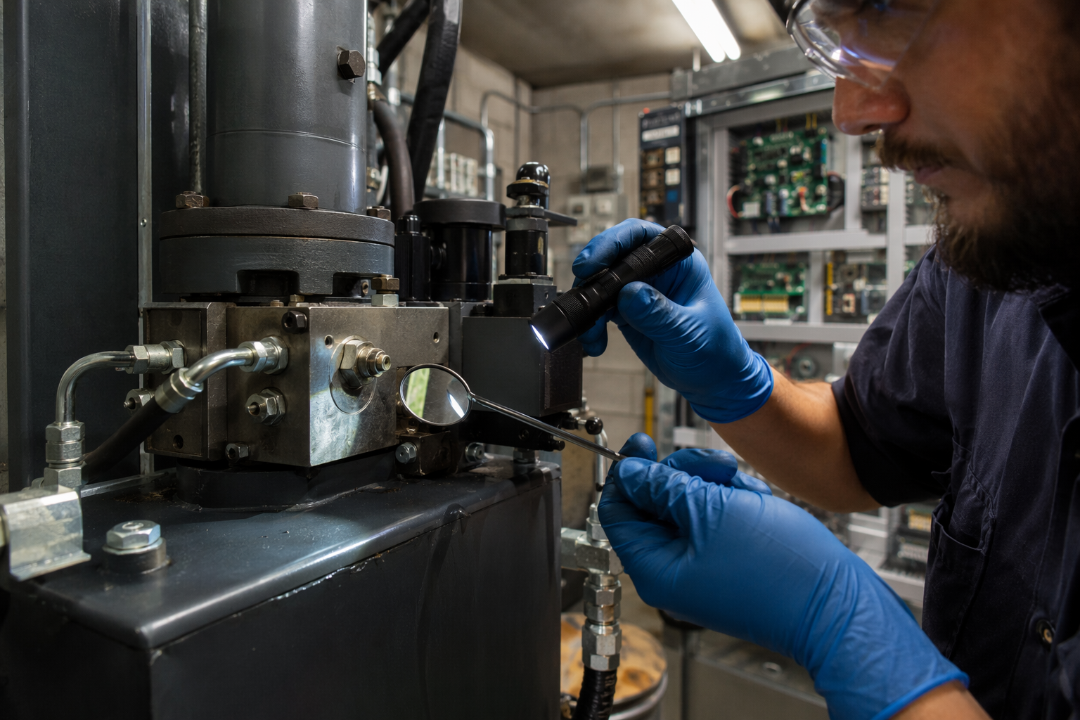 Elevator technician inspecting hydraulic power unit in a machine room during an emergency elevator repair service call in Arizona