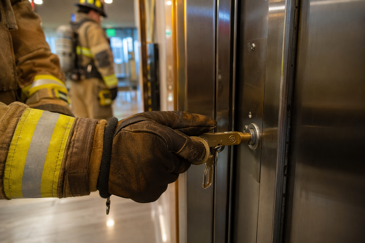 Scottsdale firefighter using an elevator override key at a hoistway door during an emergency passenger extraction call following an elevator breakdown