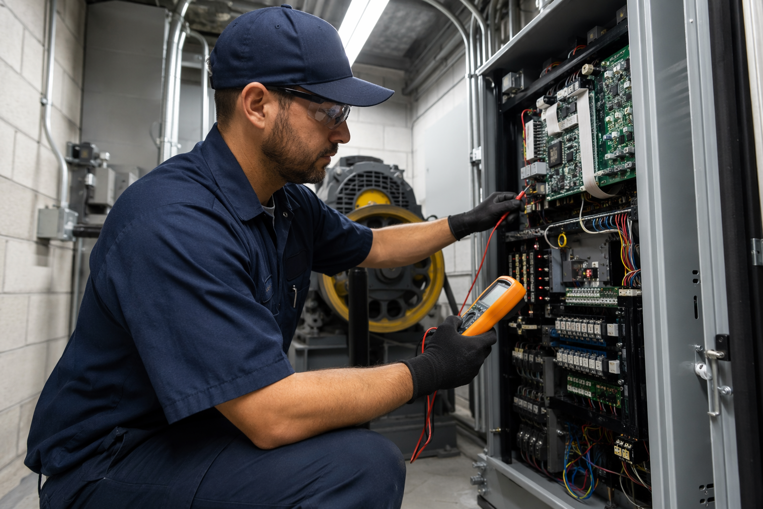 Certified elevator technician diagnosing a controller fault in a Mesa AZ machine room during an immediate emergency breakdown response visit