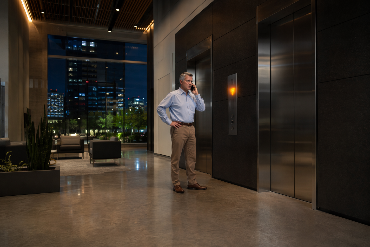 Building manager making emergency elevator breakdown call in a Phoenix AZ office lobby at night beside stainless-steel elevator doors showing out-of-service indicator