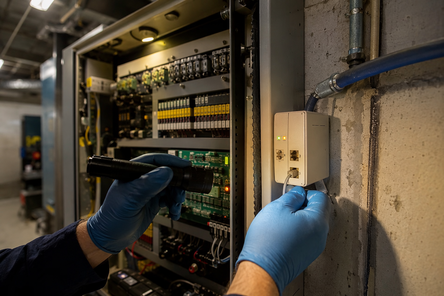 Emergency Phone Compliance Check — Elevator Machine Room Elevator technician inspecting the emergency telephone interface module inside a Mesa Arizona machine room controller cabinet for ASME A17.1 compliance.