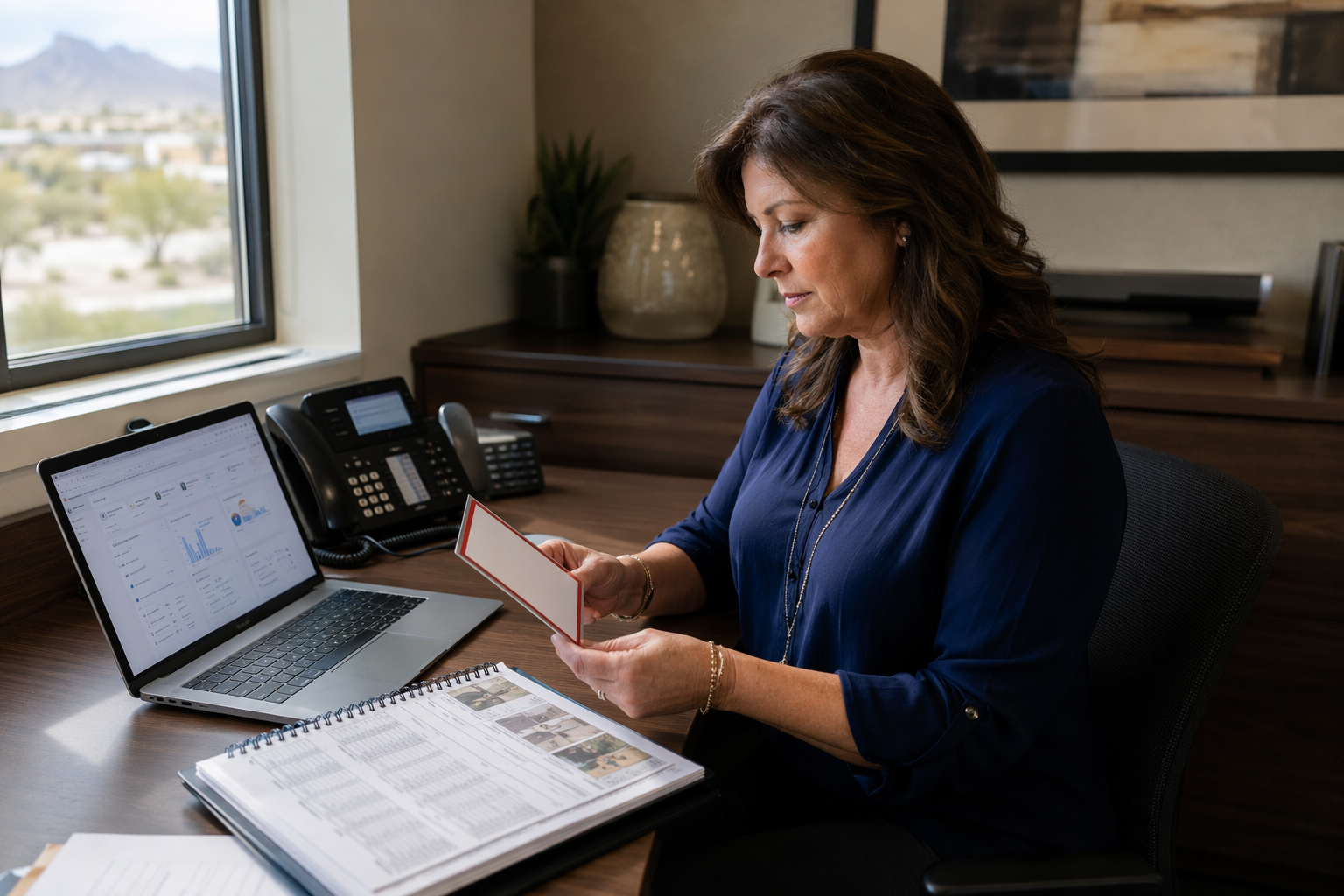 Property Manager Reviewing Elevator Emergency Contacts Scottsdale building property manager reviewing an elevator emergency contact card at her facilities management desk, illustrating who to call during an elevator emergency.