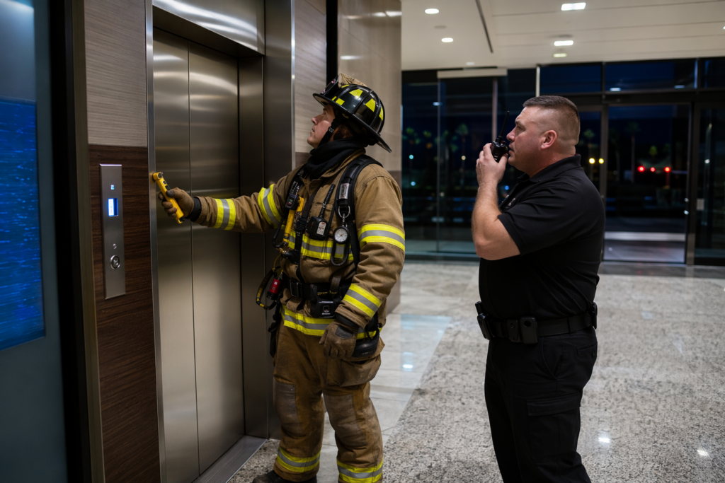 Firefighter using an emergency elevator key in a Phoenix office building lobby while a security officer contacts elevator service during an entrapment rescue procedure.