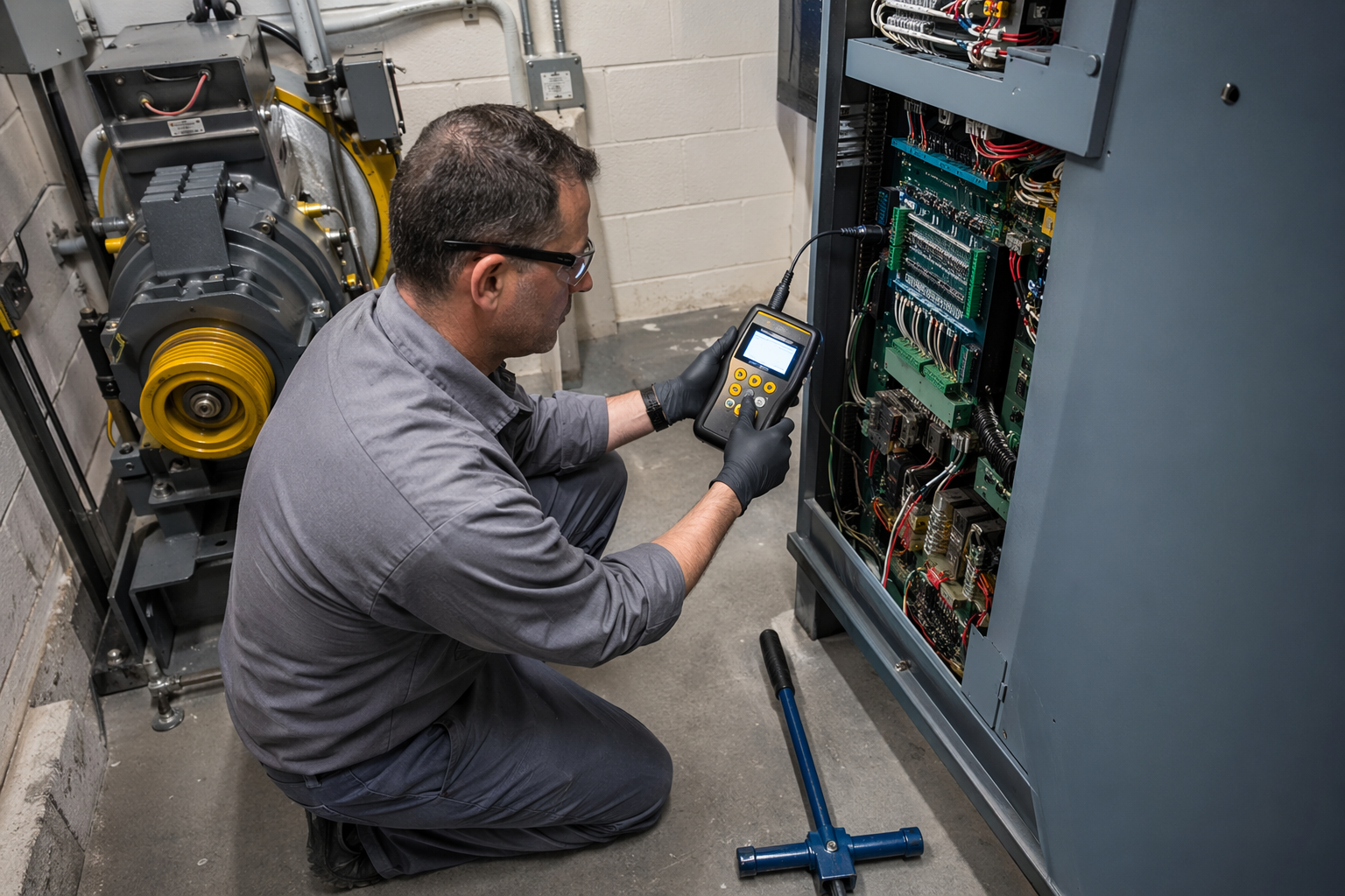 Certified elevator technician diagnosing a drive system fault in an elevator machine room in Mesa AZ during a post-entrapment mechanical rescue and inspection procedure.