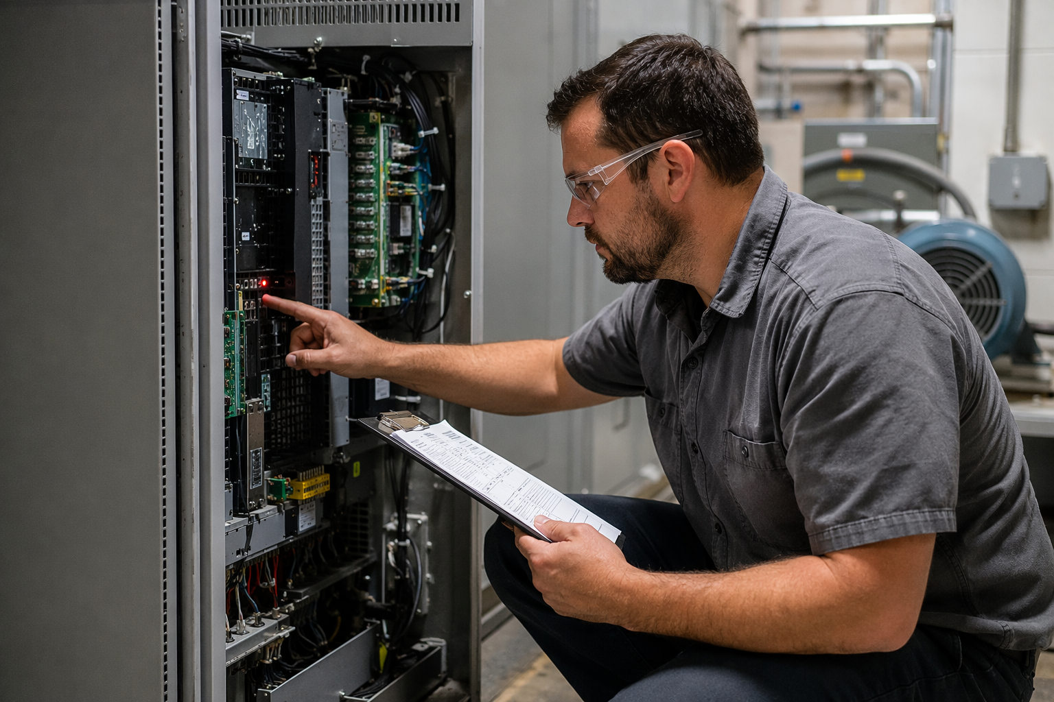 Licensed elevator technician reviewing fault codes on machine room controller after elevator out-of-service call in Scottsdale AZ commercial building