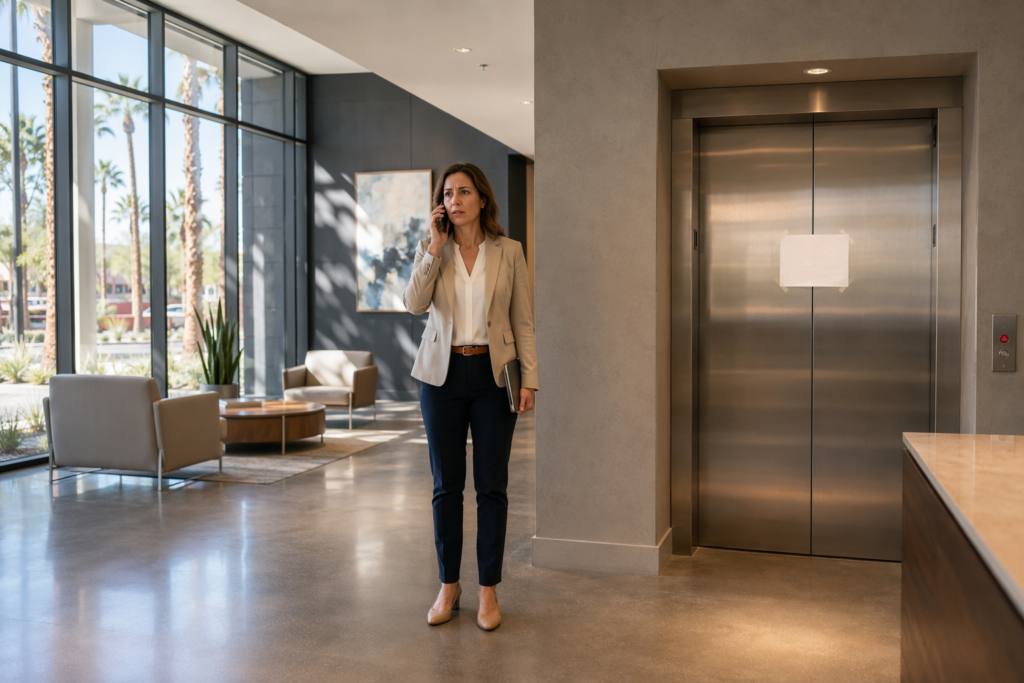 Property manager calling elevator service contractor in Phoenix AZ lobby after elevator goes out of service, with out-of-service notice posted on stainless steel elevator door