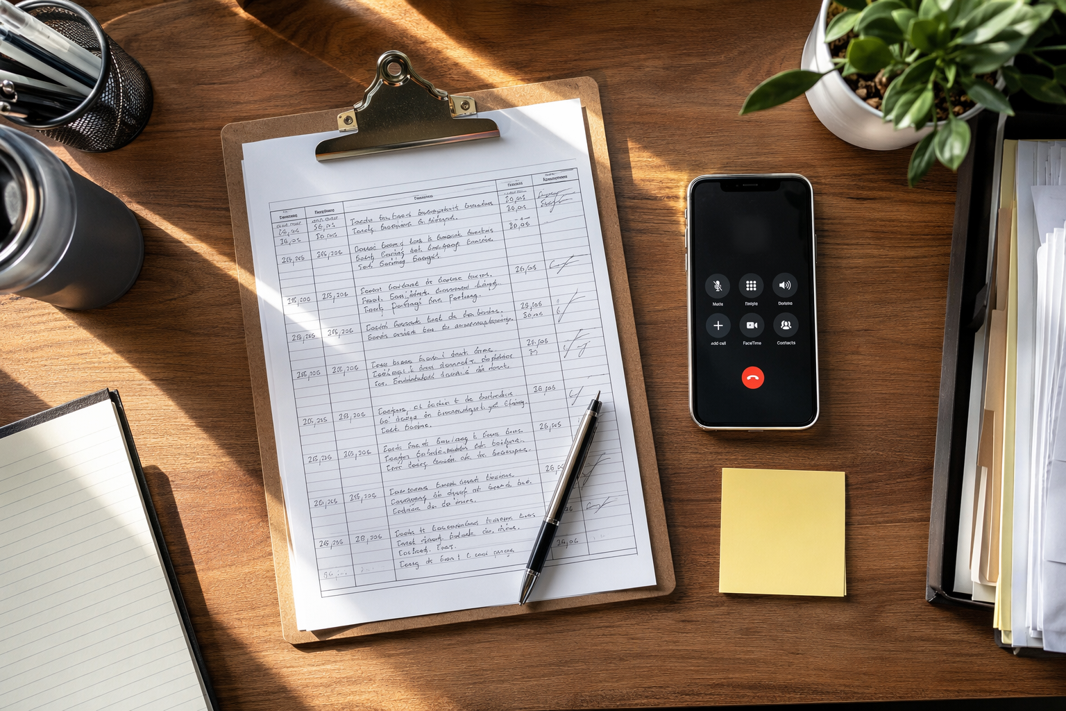 Building manager documenting elevator out-of-service incident log with handwritten notes and smartphone in Mesa AZ property management office