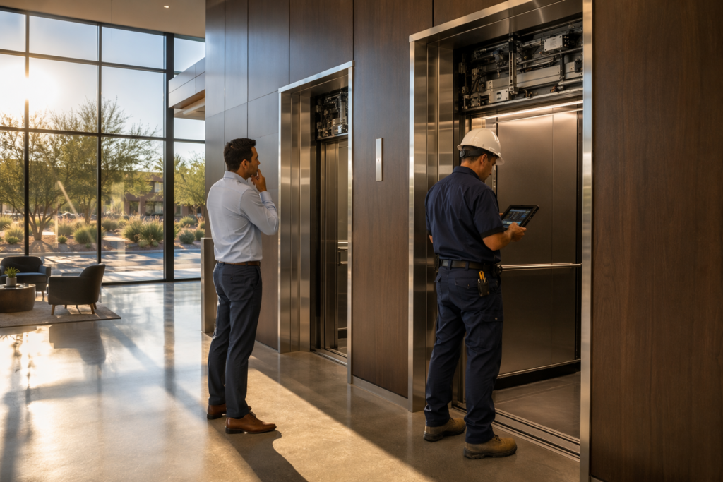 Licensed elevator mechanic responding to emergency elevator repair call in a Phoenix AZ commercial office building lobby with stainless-steel cab doors