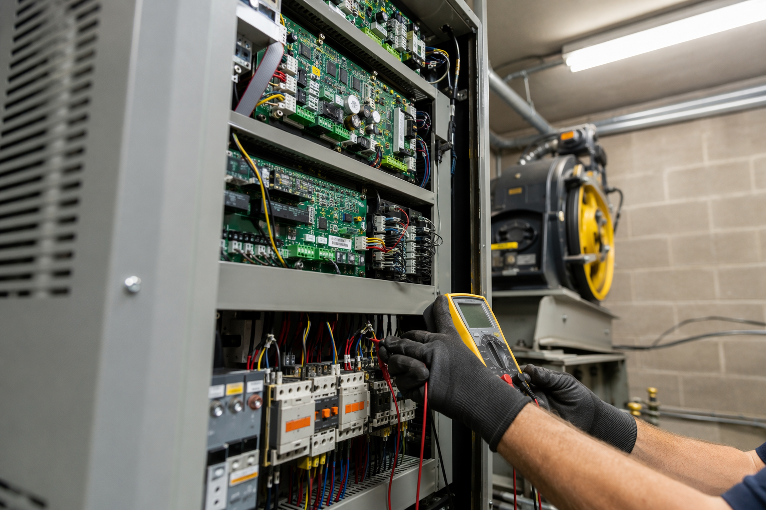 Elevator machine room controller panel being diagnosed during an emergency repair in a Phoenix AZ building, showing circuit boards and wiring harnesses