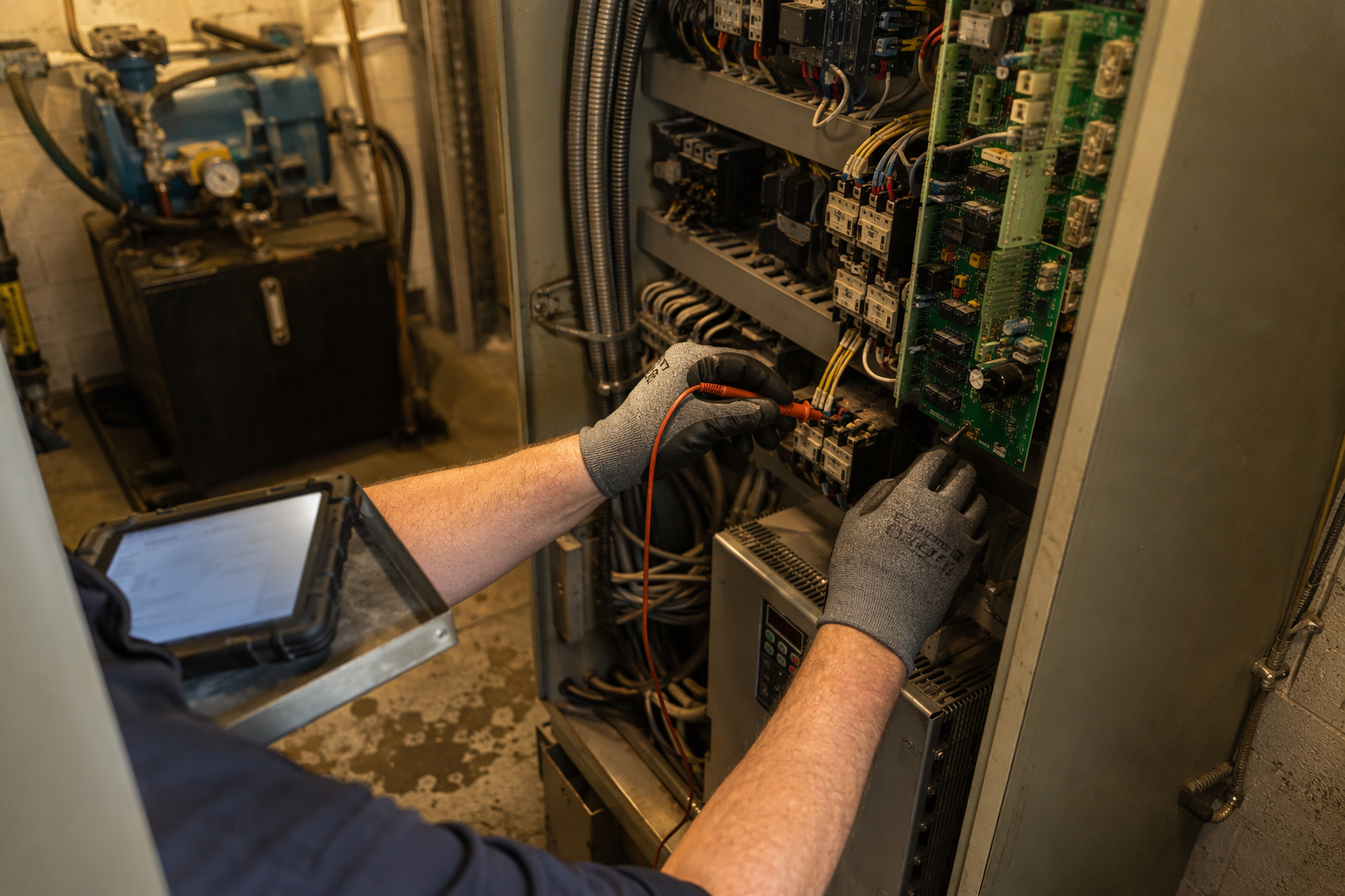 Elevator technician diagnosing a hydraulic motor controller fault in an Arizona commercial building machine room during a timed repair