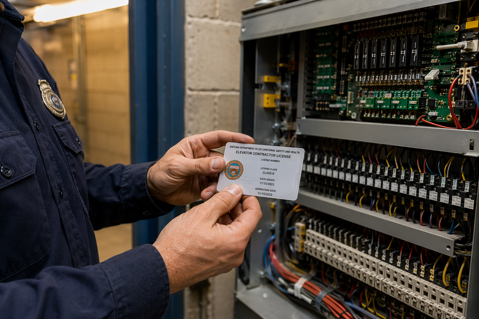 IUEC-certified elevator technician displaying an ADOSH license beside a traction elevator controller panel in a Scottsdale Arizona machine room