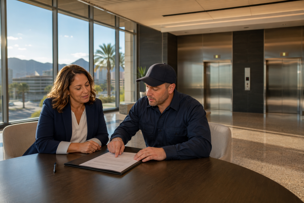 Building manager and IUEC-certified elevator technician reviewing an annual elevator maintenance contract in a Phoenix AZ commercial office lobby