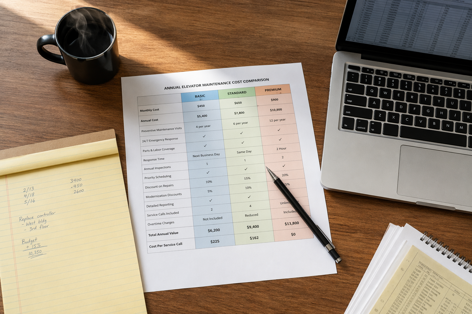 Property manager comparing annual elevator maintenance contract costs and service tiers at a desk in a Mesa Arizona management office