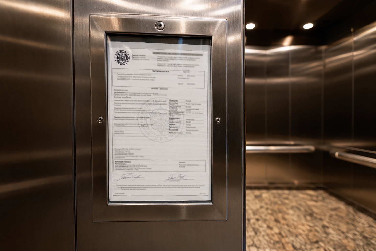 Arizona elevator certificate of inspection mounted inside a Scottsdale commercial elevator cab, issued by an ADOSH-approved certified third-party inspector