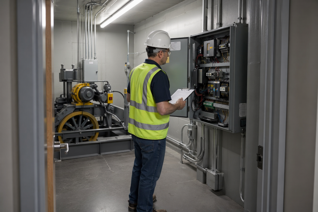 State-certified elevator inspector reviewing compliance checklist in a Phoenix office building machine room during an annual Arizona elevator safety inspection