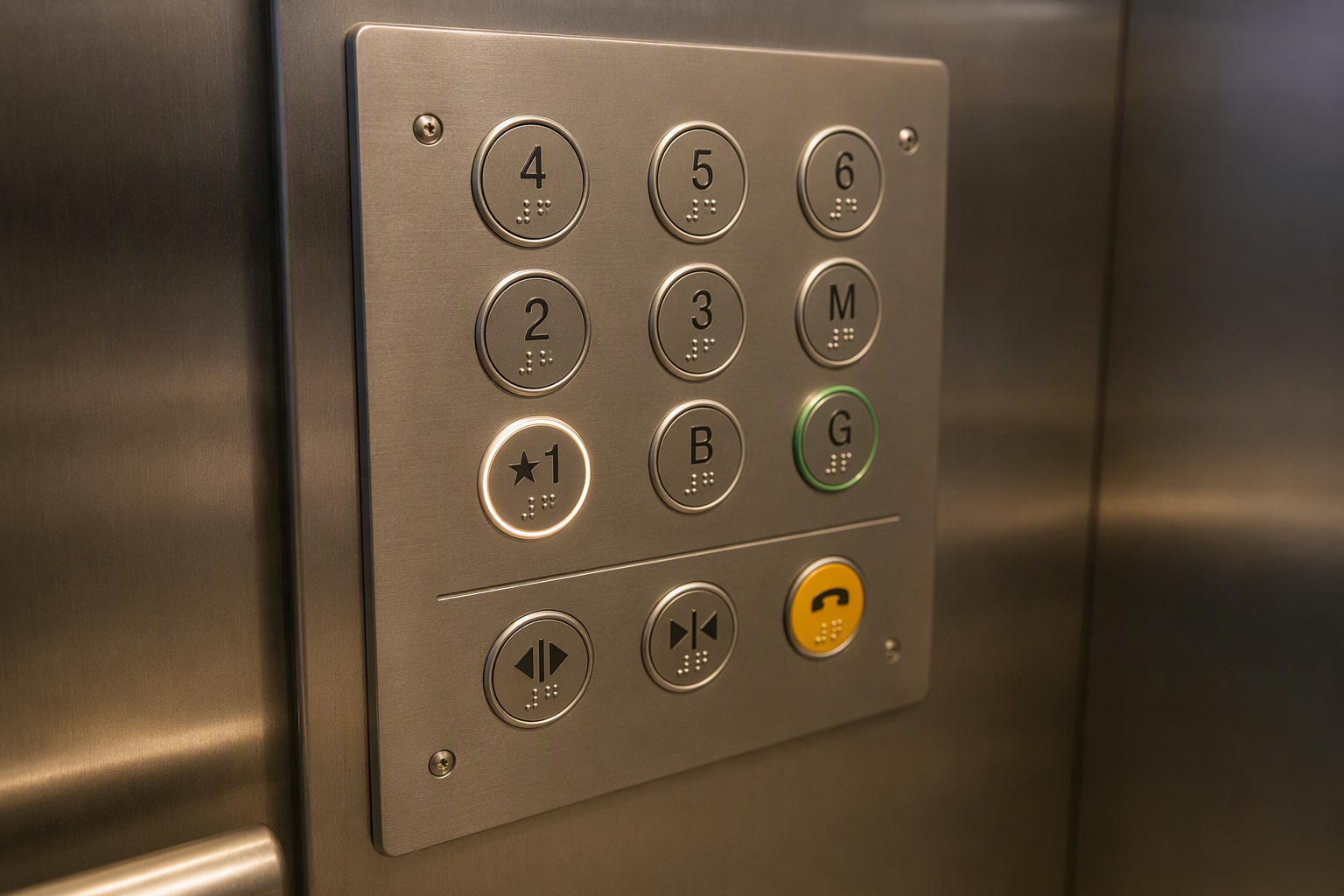 Close-up of ADA elevator control panel with Braille labels, raised tactile buttons, and emergency communication button meeting ADA Standards for Accessible Design in a commercial building