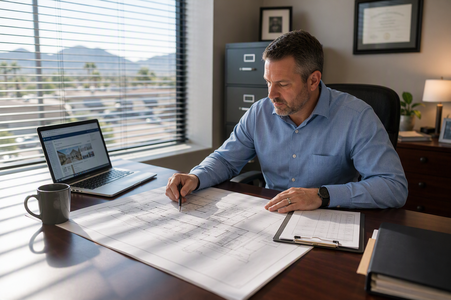 Building manager reviewing ADA elevator compliance checklist and floor plans at a Scottsdale Arizona commercial property office to determine if their building meets current accessibility requirements
