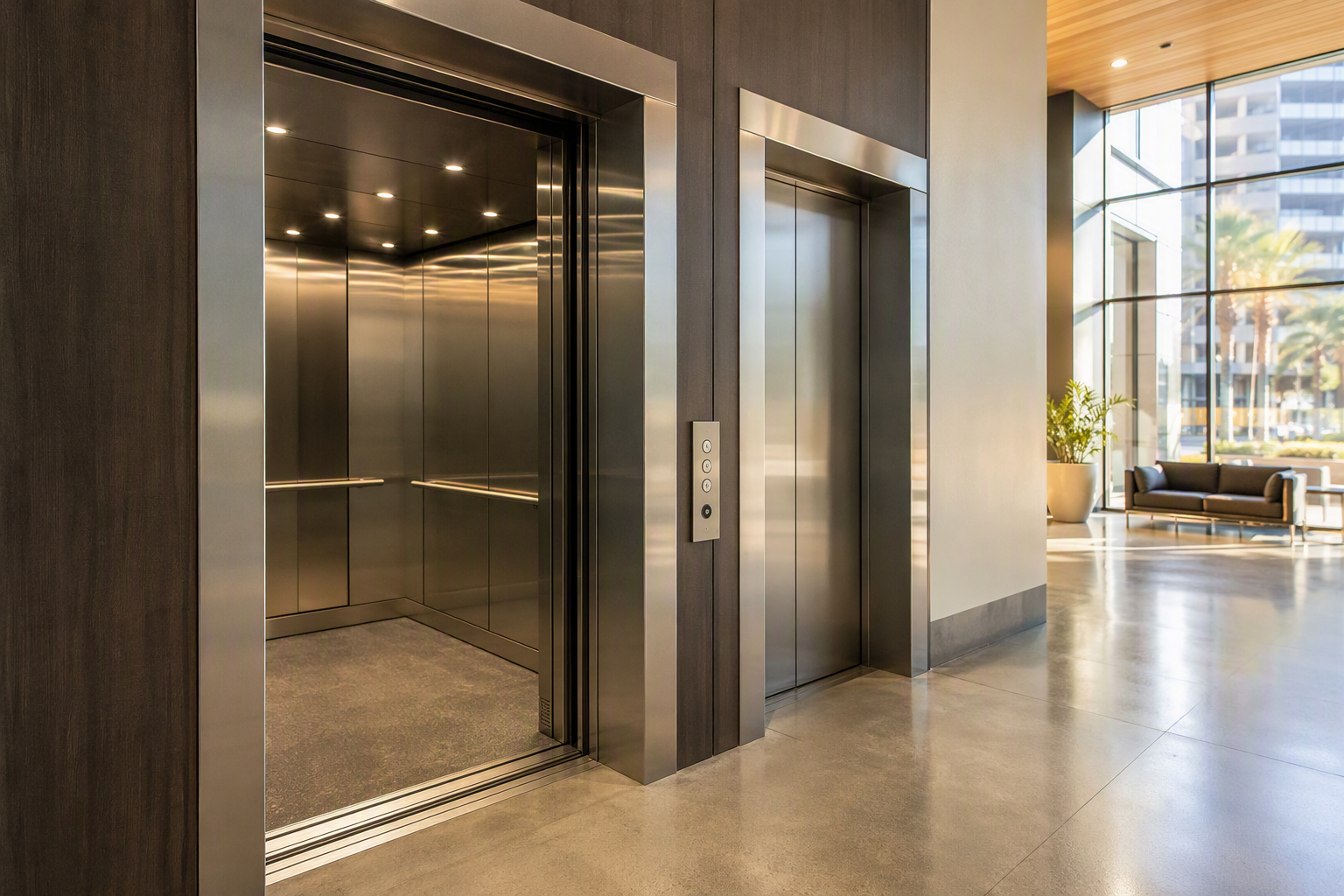 ADA-compliant commercial elevator bank in a Phoenix Arizona office building lobby showing open cab with handrails, Braille controls, and flush threshold meeting accessibility standards