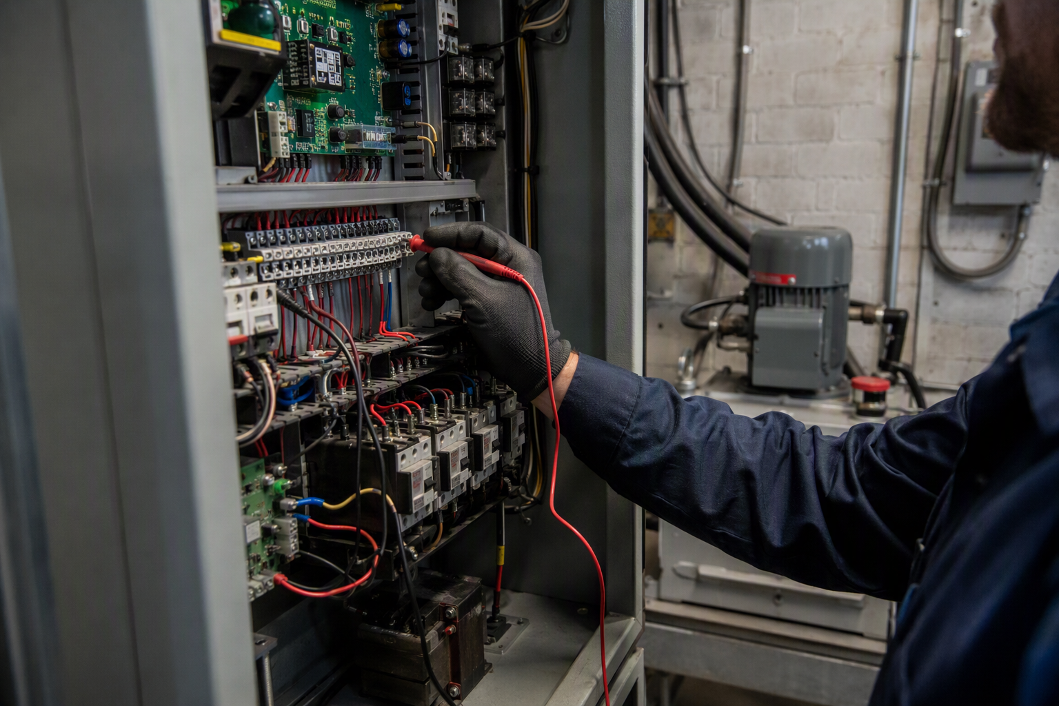Elevator mechanic inspecting hydraulic controller in a commercial machine room, illustrating key cost drivers like equipment age and component complexity in elevator maintenance.