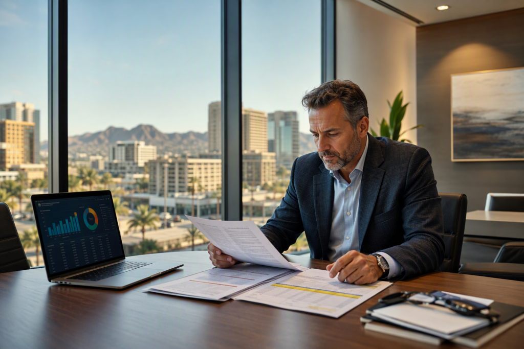 Building manager reviewing elevator maintenance cost benchmarks and contract options at a desk in a Phoenix AZ commercial office, comparing affordable service agreements.