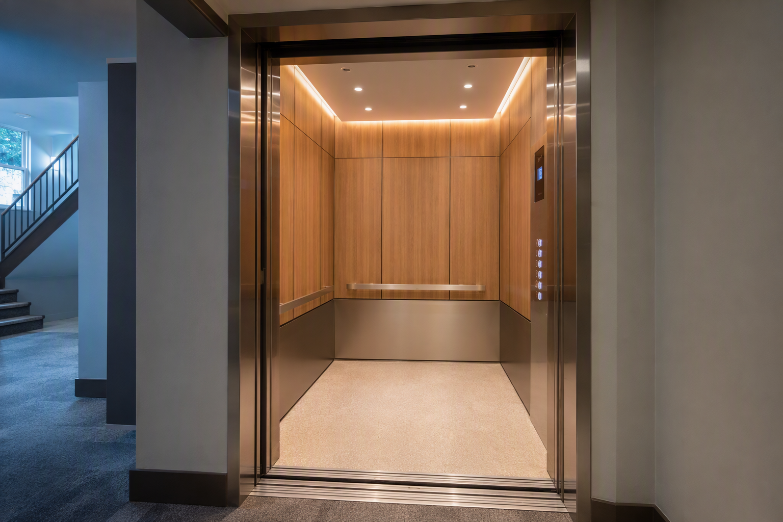 Modernized elevator cab interior with stainless steel fixtures and LED lighting in a Tucson AZ apartment building, representing full-service maintenance contract value for updated equipment.