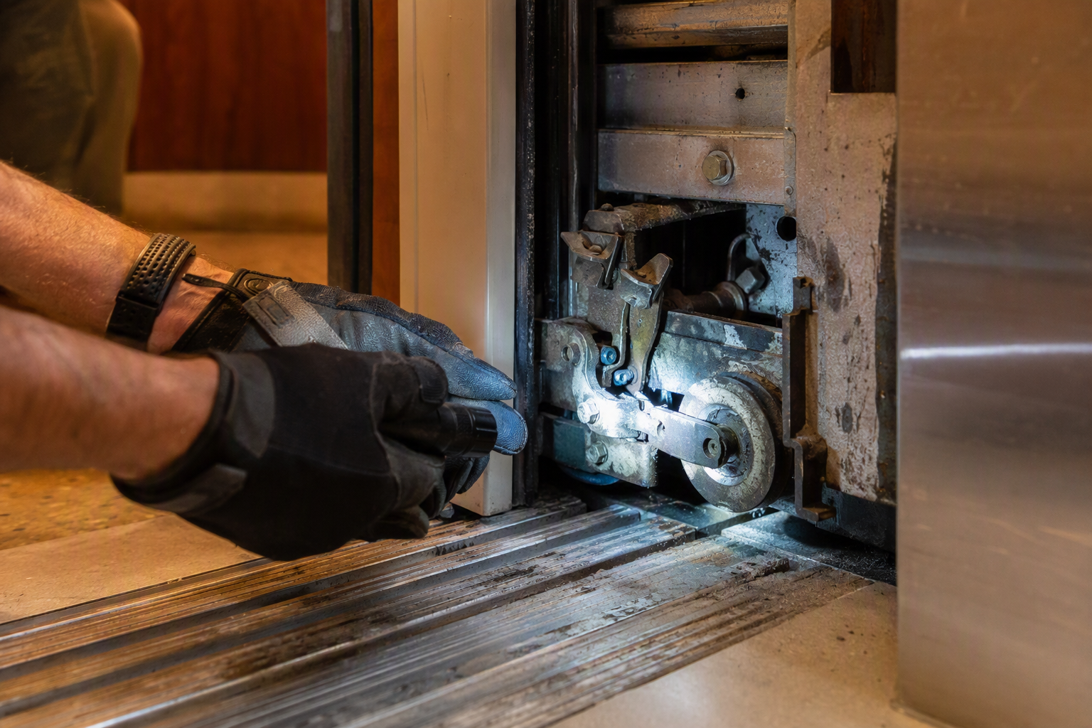 Elevator technician inspecting door clutch and roller mechanism inside an apartment building elevator cab, a frequent source of door malfunction problems.