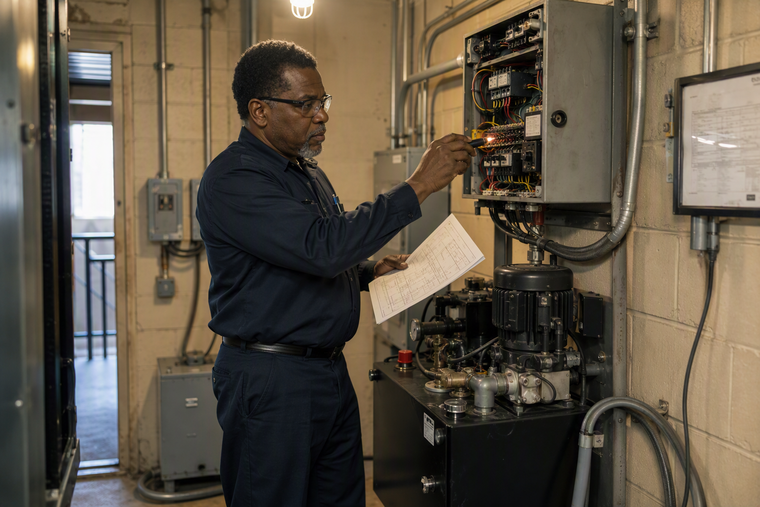 Licensed elevator technician inspecting hydraulic power unit and control panel in an apartment building machine room in Phoenix AZ to diagnose system failures.