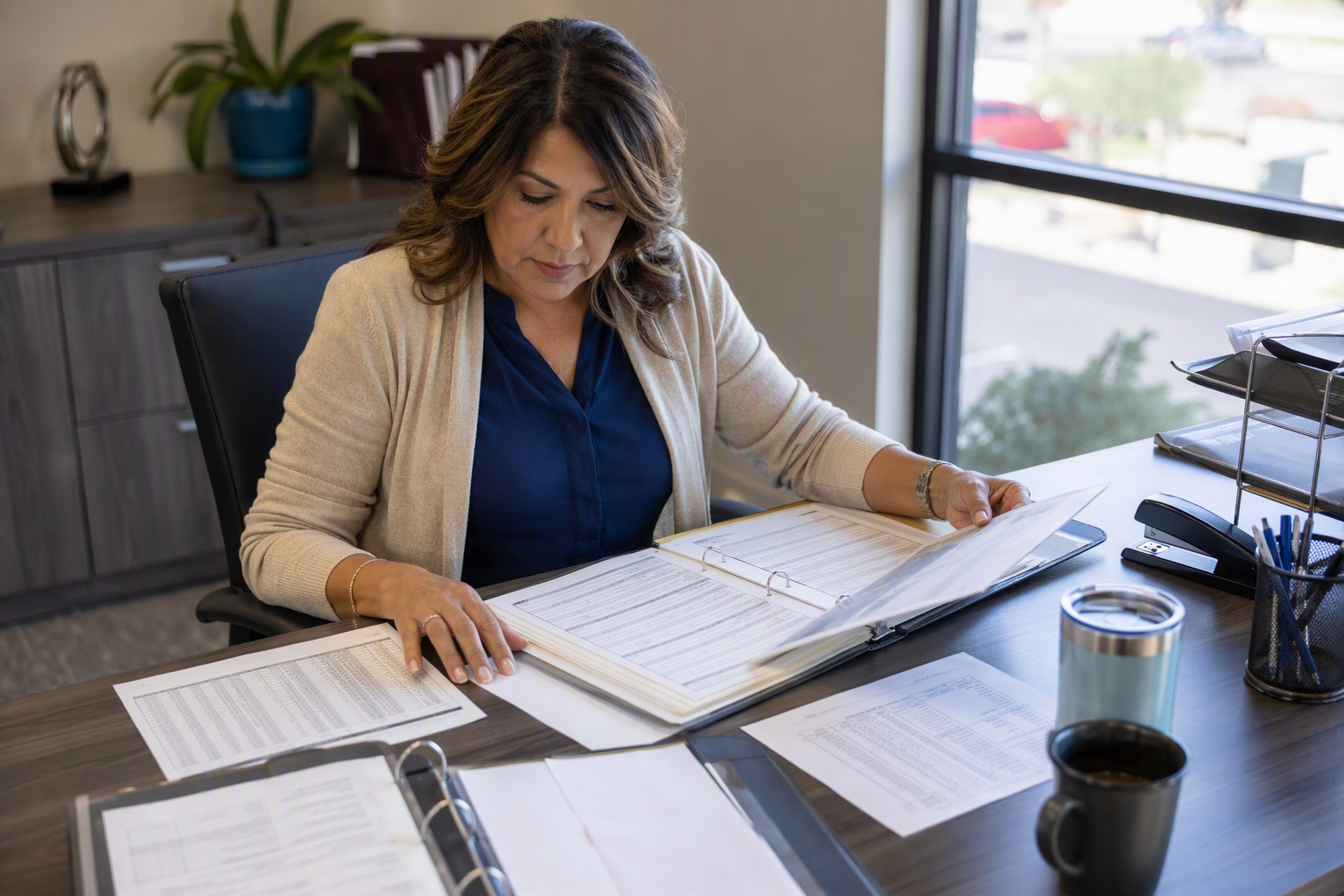 Elevator Compliance Document Review Facility manager organizing elevator inspection certificates and ADOSH compliance documentation for Arizona annual state elevator inspection in Mesa office