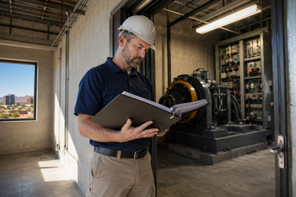 Licensed elevator inspector reviewing maintenance logs in a clean machine room before Arizona annual state elevator inspection, Phoenix commercial building