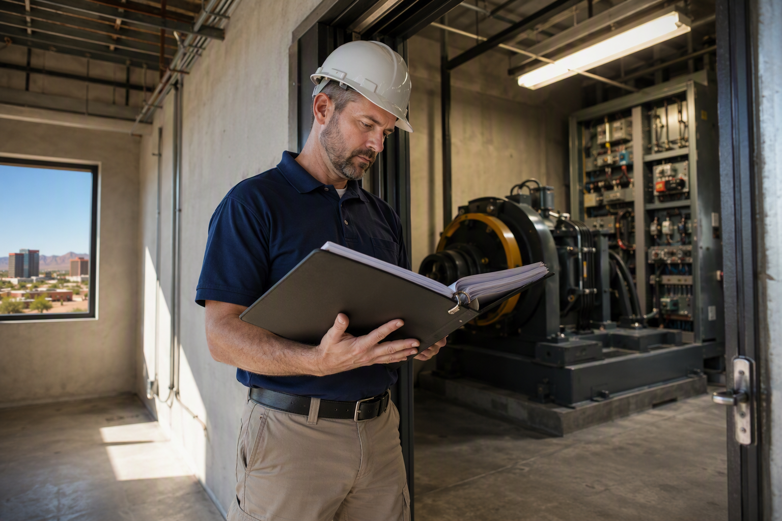 Arizona Elevator Inspection Preparation Licensed elevator inspector reviewing maintenance logs in a clean machine room before Arizona annual state elevator inspection, Phoenix commercial building