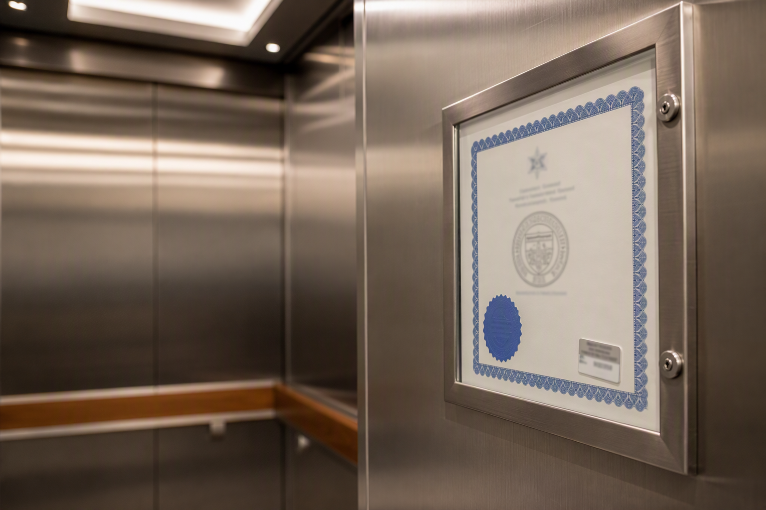 Official elevator inspection certificate mounted inside a commercial elevator cab in Scottsdale Arizona, documenting compliance with the state-required annual inspection interval.
