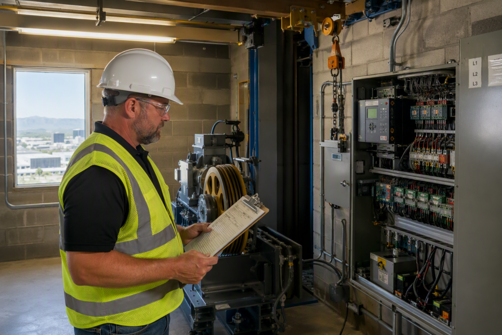 Licensed QEI-certified elevator inspector reviewing annual inspection documentation inside a commercial machine room in Phoenix, Arizona, as required by ASME A17.1.