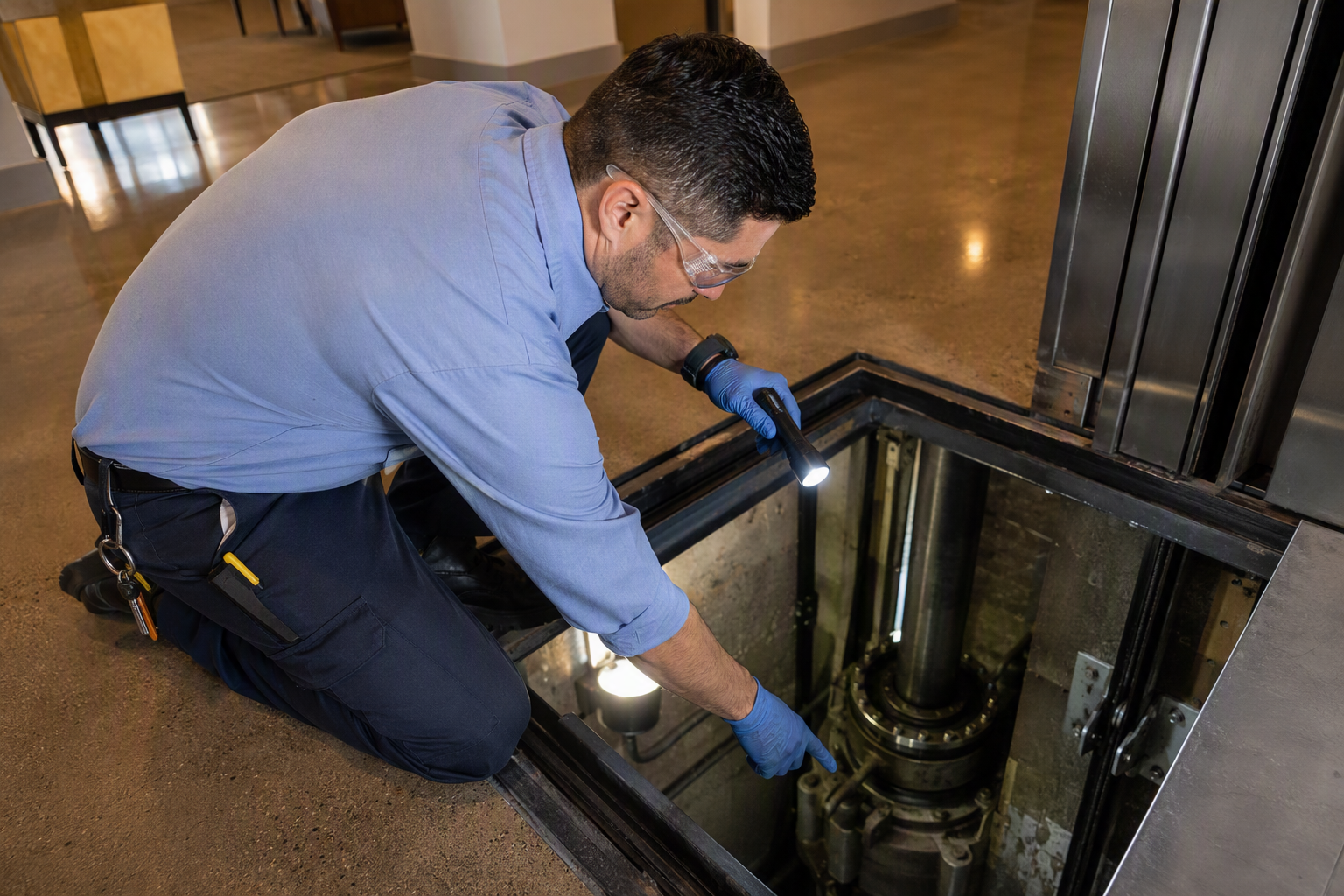 QEI-certified elevator inspector examining hydraulic elevator pit components during a required annual inspection at a Mesa Arizona residential building.